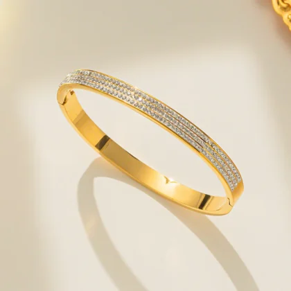 Stainless Steel Gold Plated Triple Lines American Diamond Contemporary Anti-Tarnish Bracelet For Women